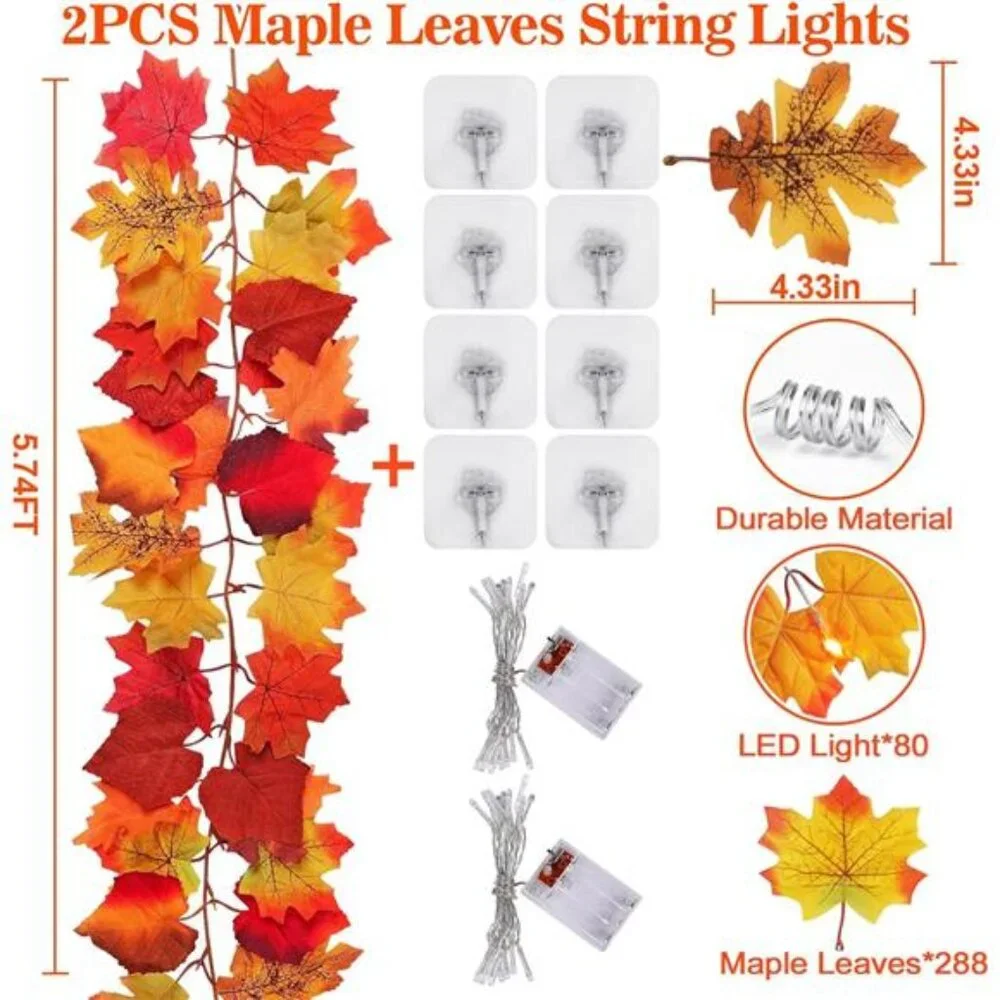 2 Pack Fall Decor Maple Leaves Garland with Lights Battery Operated Fall